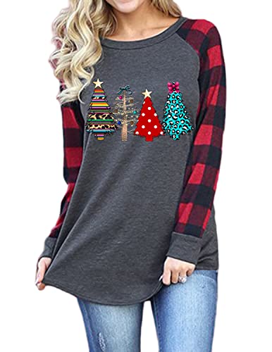 QUNERY Damen Langarmshirt Baumwolle Weihnachtspulli Weihnachts Sweatshirt Rundhals Bunter Weihnachtsbaum Aufdruck Motiv Weihnachts Pulli Frauen Christmas Tops Shirt Grau-Bunter Weihnachtsbaum XXL von QUNERY