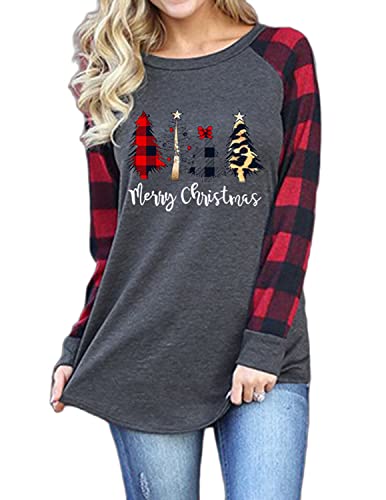 QUNERY Damen Langarmshirt Baumwolle Weihnachtspulli Weihnachts Sweatshirt Rundhals Bunter Weihnachtsbaum Aufdruck Motiv Weihnachts Pulli Frauen Christmas Tops Shirt Grau-Leopard Weihnachtsbaum L von QUNERY