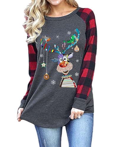 QUNERY Damen Langarmshirt Baumwolle Weihnachtspulli Weihnachts Sweatshirt Rundhals Bunter Weihnachtsbaum Aufdruck Motiv Weihnachts Pulli Frauen Christmas Tops Shirt Weihnachtselch M von QUNERY