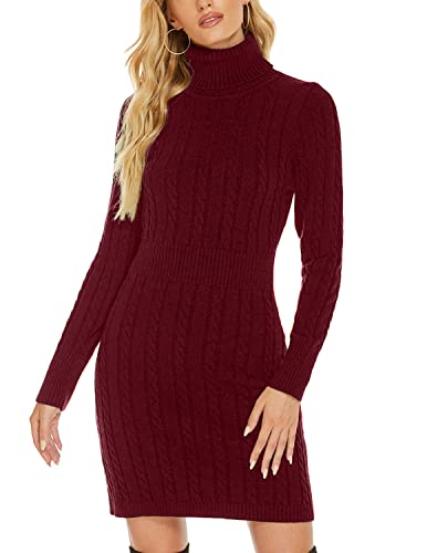 QUNERY Damen Pullover Kleid Elegant Strickkleid Casual Langarm Winterkleid Einfarbig Rollkragen High Stretch Jumper für Winter A-Rotwein S von QUNERY