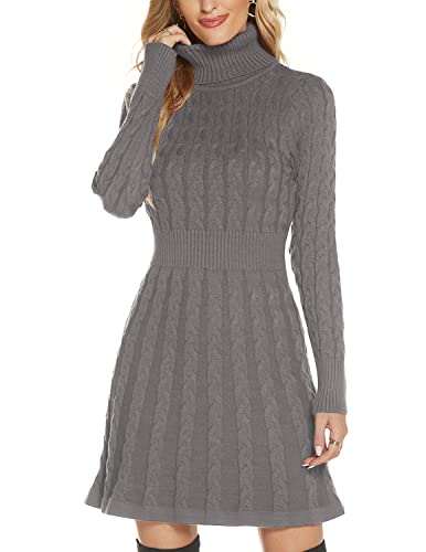 QUNERY Damen Pullover Kleid Elegant Strickkleid Casual Langarm Winterkleid Einfarbig Rollkragen High Stretch Jumper für Winter B-Grau XL von QUNERY