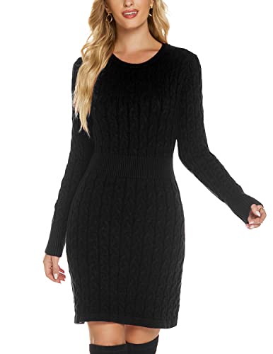 QUNERY Damen Pullover Kleid Elegant Strickkleid Casual Langarm Winterkleid Einfarbig Rollkragen High Stretch Jumper für Winter C-Black M von QUNERY