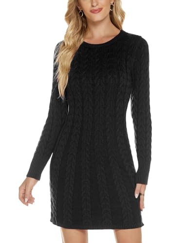 QUNERY Damen Pullover Kleid Elegant Strickkleid Casual Langarm Winterkleid Einfarbig Rollkragen High Stretch Jumper für Winter E-Black M von QUNERY