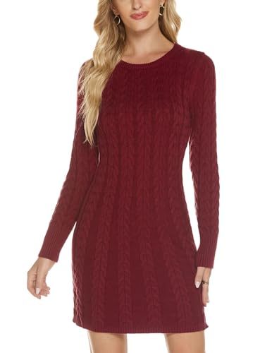 QUNERY Damen Pullover Kleid Elegant Strickkleid Casual Langarm Winterkleid Einfarbig Rollkragen High Stretch Jumper für Winter E-Red Wine M von QUNERY