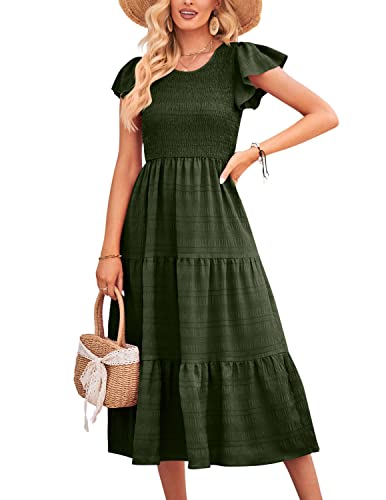 QUNERY Damen Sommerkleid Rundhals Flatterärmel Einfarbig Midikleid Gesmoktes Elastische HoheTaille Sommer Lässig Rüschen Kleid Strandkleid A-Military Green L von QUNERY