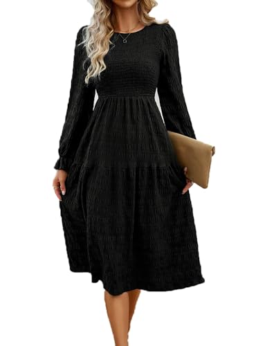 QUNERY Damen Sommerkleid Rundhals Flatterärmel Einfarbig Midikleid Gesmoktes Elastische HoheTaille Sommer Lässig Rüschen Kleid Strandkleid B-Schwarz XL von QUNERY