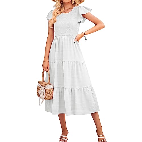 QUNERY Damen Sommerkleid Rundhals Flatterärmel Einfarbig Midikleid Gesmoktes Elastische HoheTaille Sommer Lässig Rüschen Kleid Strandkleid A-Weiß L von QUNERY