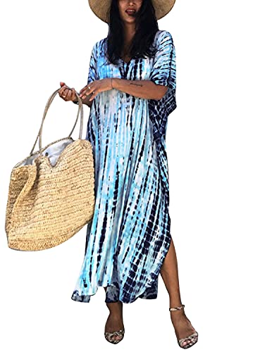 QUNERY Damen Strandkleid Elegante Lange Bikini Cover Ups Strandponcho Druck Lose Kaftan Smock Sommer Maxikleid (Hellblau) von QUNERY