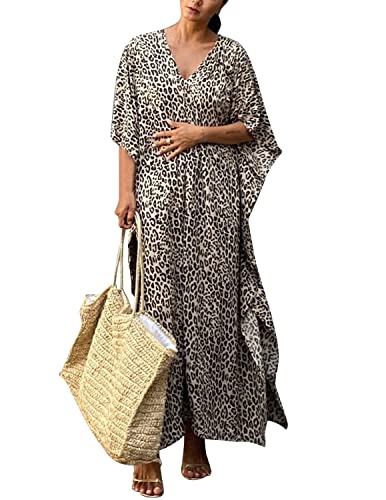 QUNERY Damen Strandkleid Lange V-Ausschnitt Bikini Cover Up Leoparden-Print Lose Kaftan Smock Sommer Maxikleid mit Gürtel Gelb Einheitsgröße von QUNERY