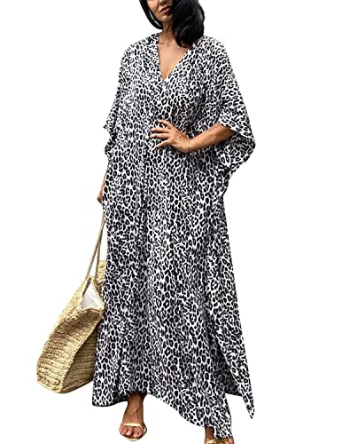 QUNERY Damen Strandkleid Lange V-Ausschnitt Bikini Cover Up Leoparden-Print Lose Kaftan Smock Sommer Maxikleid mit Gürtel Grau Einheitsgröße von QUNERY