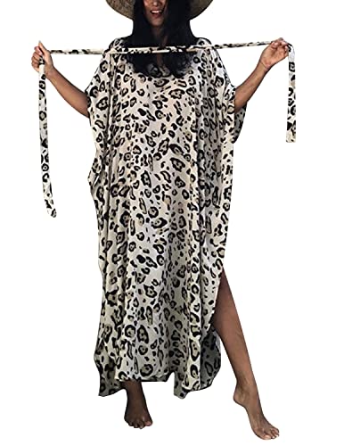 QUNERY Damen Strandkleid Lange V-Ausschnitt Bikini Cover Up Leoparden-Print Lose Kaftan Smock Sommer Maxikleid mit Gürtel Weiß Einheitsgröße von QUNERY