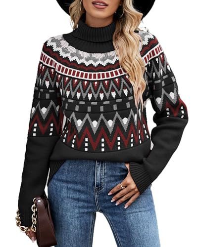 QUNERY Damen Strickpullover Elegante Rollkragenpullover Pullover in Kontrastfarbe Casual Lose Weich Jumper Sweater Pulli Schwarz XL von QUNERY