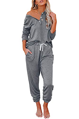 QUNERY Damen Trainingsanzug Langarm Rundhalsausschnitt Knopfleiste Einfarbig Zweiteiler Trainingsanzug Set Sweatshirt & Jogginghose für Running Yoga Gym Grau M von QUNERY