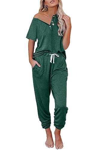 QUNERY Damen Trainingsanzug Langarm Rundhalsausschnitt Knopfleiste Einfarbig Zweiteiler Trainingsanzug Set Sweatshirt & Jogginghose für Running Yoga Gym Grün M von QUNERY