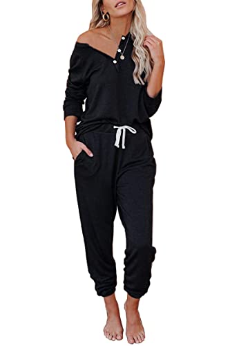 QUNERY Damen Trainingsanzug Langarm Rundhalsausschnitt Knopfleiste Einfarbig Zweiteiler Trainingsanzug Set Sweatshirt & Jogginghose für Running Yoga Gym Schwarz L von QUNERY