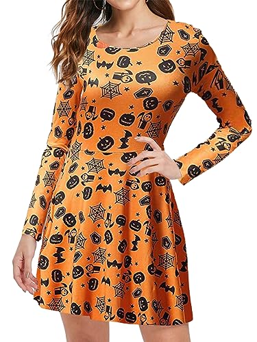 QUNERY Halloween Kostüm Damen Gruselig Herbstkleider Frauen Kostüm Langarm Kleid Freizeitkleider mit Rund Ausschnitt Partykleid Gelber Kürbis & Spinnennetz XL von QUNERY