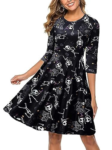 QUNERY Halloween Kostüm Damen Gruselig Herbstkleider Frauen Kostüm Langarm Kleid Freizeitkleider mit Rund Ausschnitt Partykleid Schwarz & Skelett L von QUNERY