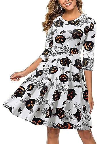 QUNERY Halloween Kostüm Damen Gruselig Herbstkleider Frauen Kostüm Langarm Kleid Freizeitkleider mit Rund Ausschnitt Partykleid Weißer Kürbis & Spinnennetz M von QUNERY