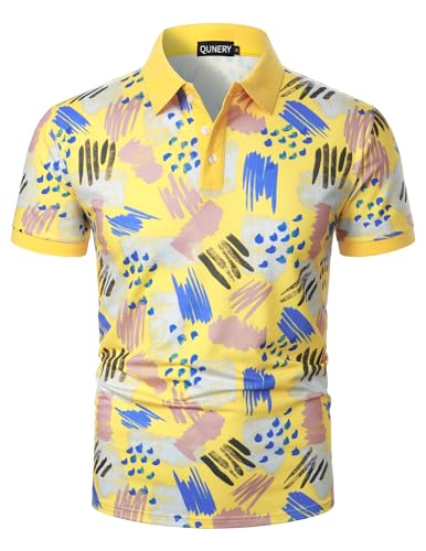 QUNERY Herren Golf Poloshirts Kurzarm Sommer Poloshirt Regular Fit Urlaub Casual Polohemd Atmungsaktives Print Poloshirts Gelb L von QUNERY