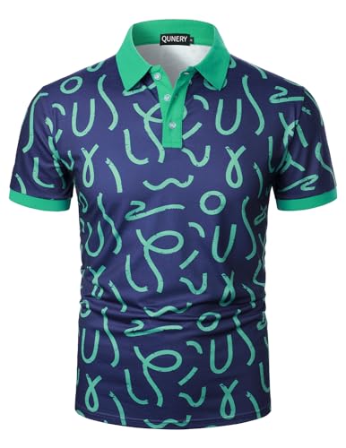 QUNERY Herren Golf Poloshirts Kurzarm Sommer Poloshirt Regular Fit Urlaub Casual Polohemd Atmungsaktives Print Poloshirts Navy blau XL von QUNERY