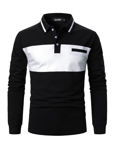 QUNERY Herren Polo Shirt Kurzarm/Langarm Farbblock Regular Fit Poloshirt Golf Tennis Polo Sommer Atmungsaktives T Shirt B-Schwarz und Weiß XL von QUNERY