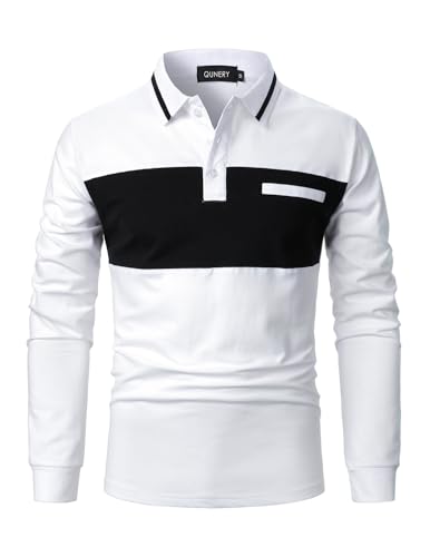 QUNERY Herren Polo Shirt Kurzarm/Langarm Farbblock Regular Fit Poloshirt Golf Tennis Polo Sommer Atmungsaktives T Shirt B-Weiß und Schwarz XL von QUNERY