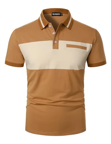 QUNERY Herren Polo Shirt Kurzarm Farbblock Regular Fit Golf Poloshirt Sommer Atmungsaktives Tshirt Braun und Aprikose M von QUNERY