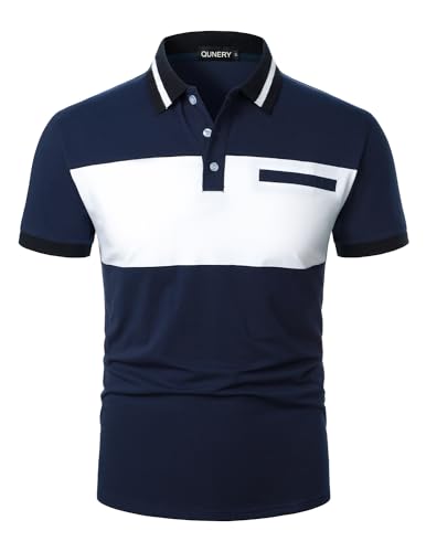 QUNERY Herren Polo Shirt Kurzarm Farbblock Regular Fit Golf Poloshirt Sommer Atmungsaktives Tshirt Marineblau und Weiß L von QUNERY