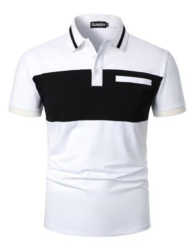 QUNERY Herren Polo Shirt Kurzarm Farbblock Regular Fit Golf Poloshirt Sommer Atmungsaktives Tshirt weiß und Schwarz L von QUNERY