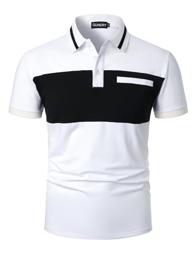 QUNERY Herren Polo Shirt Kurzarm Farbblock Regular Fit Golf Poloshirt Sommer Atmungsaktives Tshirt weiß und Schwarz XL von QUNERY