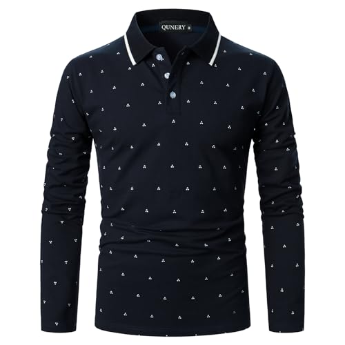 QUNERY Herren Poloshirt Langarm Stretch Regular Fit Männer Hemden mit Geripptem Kragen und Print Poloshirt Golf Navy blau XL von QUNERY