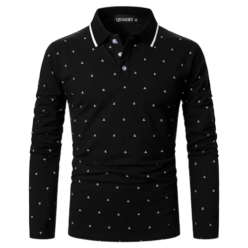 QUNERY Herren Poloshirt Langarm Stretch Regular Fit Männer Hemden mit Geripptem Kragen und Print Poloshirt Golf Schwarz S von QUNERY