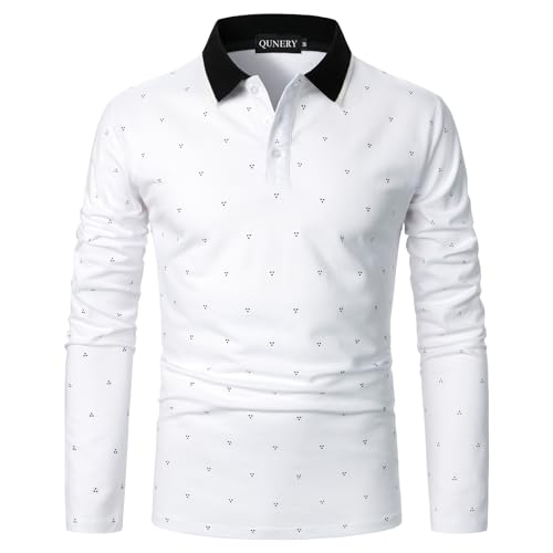 QUNERY Herren Poloshirt Langarm Stretch Regular Fit Männer Hemden mit Geripptem Kragen und Print Poloshirt Golf Weiss XL von QUNERY