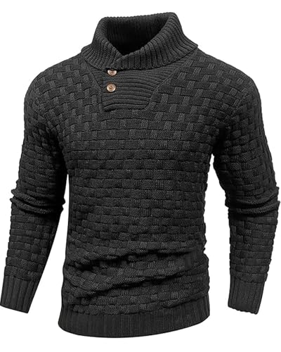 QUNERY Herren Rollkragen Pullover Winter Dicker Pullover Warm Langarm Strickpullover mit Knopfleiste Sweater Basic Casual Top Schwarz M von QUNERY