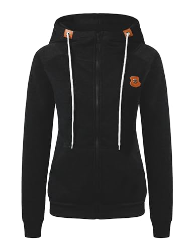 QUNERY Kapuzenpullover Damen Hoodie Sweatjacke Damen mit Kapuze Einfarbig Sweatshirt Oberteile Pulli mit Reissverschluss B-Schwarz M von QUNERY