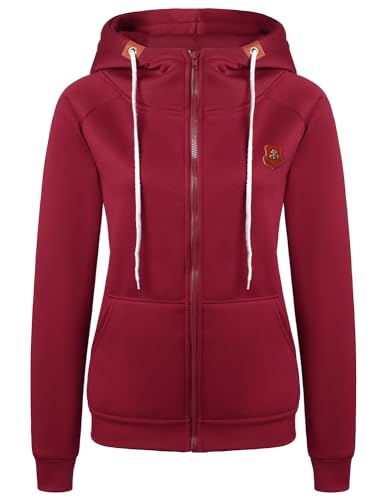 QUNERY Kapuzenpullover Damen Hoodie Sweatjacke Damen mit Kapuze Einfarbig Sweatshirt Oberteile Pulli mit Reissverschluss B-Weinrot L von QUNERY