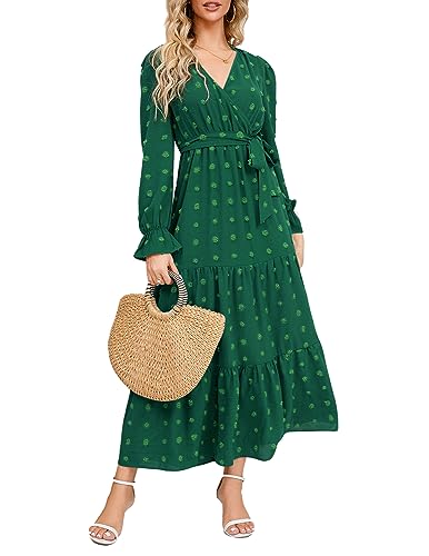 QUNERY Kleid Langarm Damen V Ausschnitt Tunika Kleid Elegant Swiss Dot Freizeitkleider Herbst Winter Cocktail Kleid Partykleid mit Gürtel Grün L von QUNERY