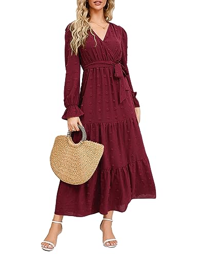 QUNERY Kleid Langarm Damen V Ausschnitt Tunika Kleid Elegant Swiss Dot Freizeitkleider Herbst Winter Cocktail Kleid Partykleid mit Gürtel Rot L von QUNERY