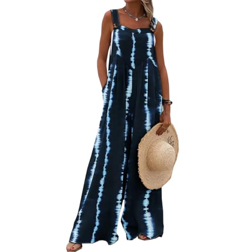 QUNERY Latzhose Damen Sommer Ärmelloser Jumpsuit Casual Blumenmuster Overall Oversize Lose Playsuit mit Taschen Blau XXL von QUNERY