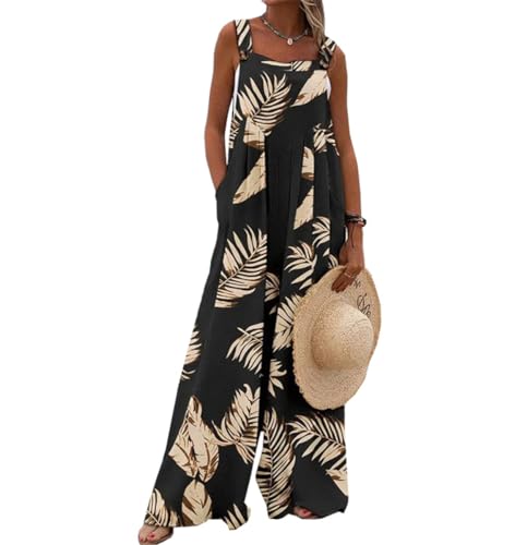 QUNERY Latzhose Damen Sommer Ärmelloser Jumpsuit Casual Blumenmuster Overall Oversize Lose Playsuit mit Taschen Schwarz M von QUNERY