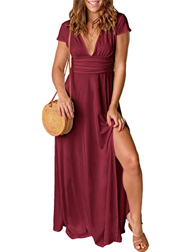 QUNERY Maxikleider Damen Sommer Kurzarm Strandkleider V-Ausschnitt Kleider Hohem Schlitz Lange Abendkleider Elegant für Hochzeit Cocktailkleid Claret M von QUNERY