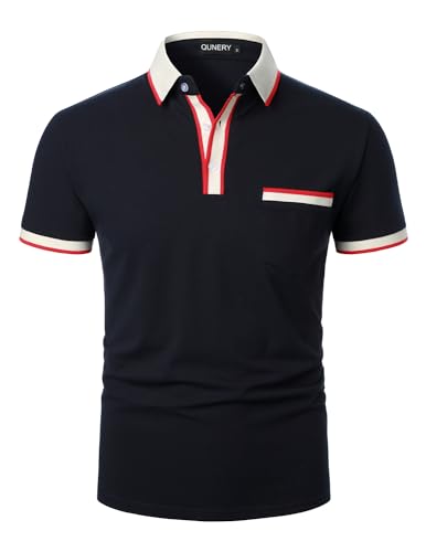QUNERY Poloshirt Herren Kurzarm Kontrastfarbenes T Shirts Golf Tennis Regular Fit Outdoor Polo Shirts Navy Blau L von QUNERY