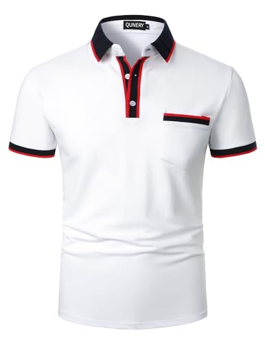 QUNERY Poloshirt Herren Kurzarm Kontrastfarbenes T Shirts Golf Tennis Regular Fit Outdoor Polo Shirts Weiß XL von QUNERY