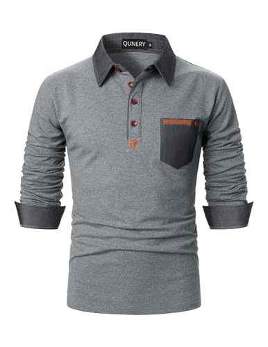 QUNERY Poloshirt Herren Langarm Getäfelt T Shirts Golf Tennis Hemden Casual Tops Grau L von QUNERY