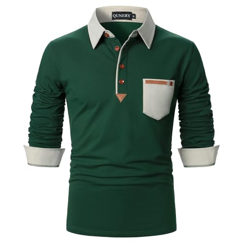 QUNERY Poloshirt Herren Langarm Getäfelt T Shirts Golf Tennis Hemden Casual Tops Grün M von QUNERY