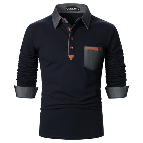 QUNERY Poloshirt Herren Langarm Getäfelt T Shirts Golf Tennis Hemden Casual Tops Navy blau XL von QUNERY