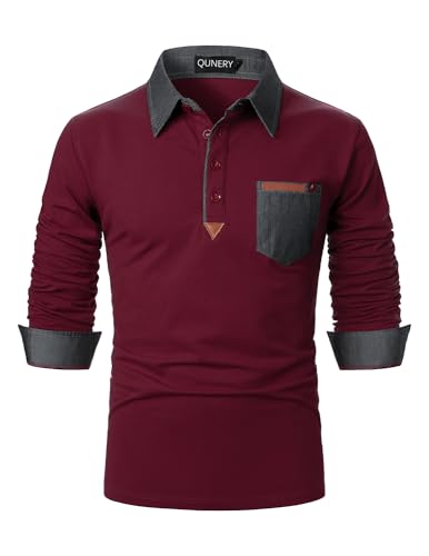 QUNERY Poloshirt Herren Langarm Getäfelt T Shirts Golf Tennis Hemden Casual Tops Rotwein L von QUNERY