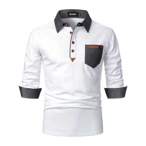 QUNERY Poloshirt Herren Langarm Getäfelt T Shirts Golf Tennis Hemden Casual Tops Weiß XXL von QUNERY