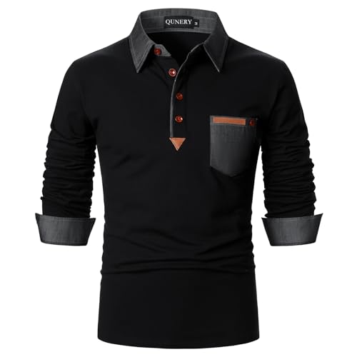 QUNERY Poloshirt Herren Langarm Getäfelt T Shirts Golf Tennis Hemden Casual Tops Schwarz XL von QUNERY