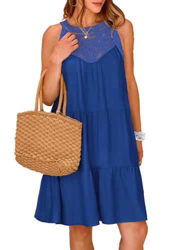 QUNERY Sommerkleid Damen Ausgehöhltes NeckholderKleid Casual Knielang Ärmellos Strandkleider A-Linie Urlaubkleid Blau L von QUNERY